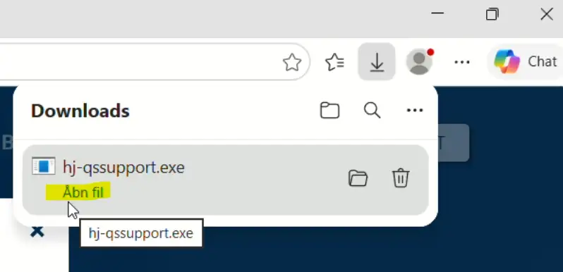 Downloads-listen i Edge med hj-qssupport.exe, hvor Åbn fil er markeret