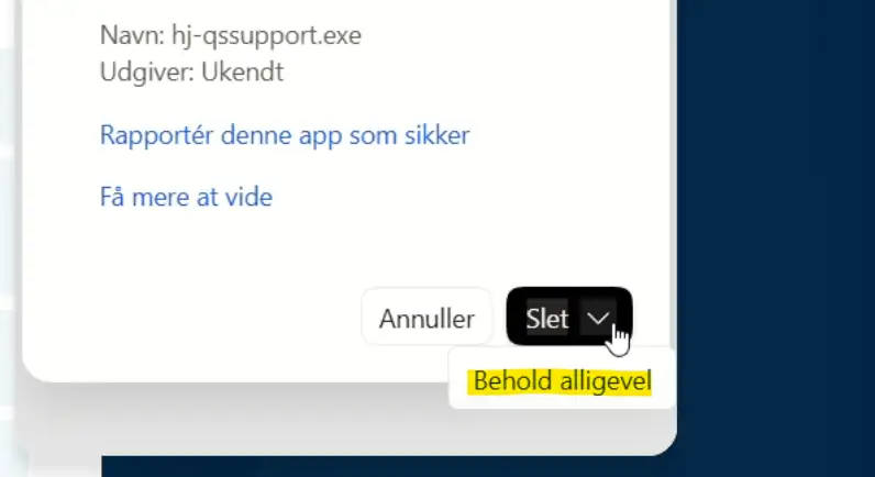 Menuen under Slet-knappen i Edge, hvor Behold alligevel er markeret