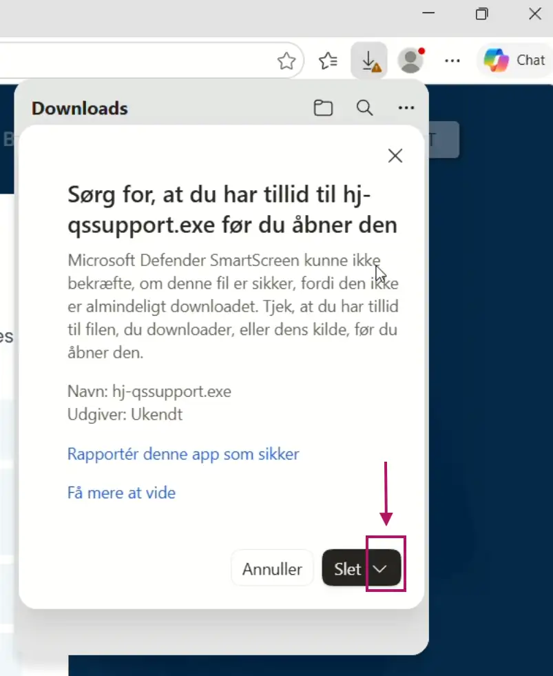 Edge-advarslen om hj-qssupport.exe med den lille pil til højre for Slet-knappen markeret